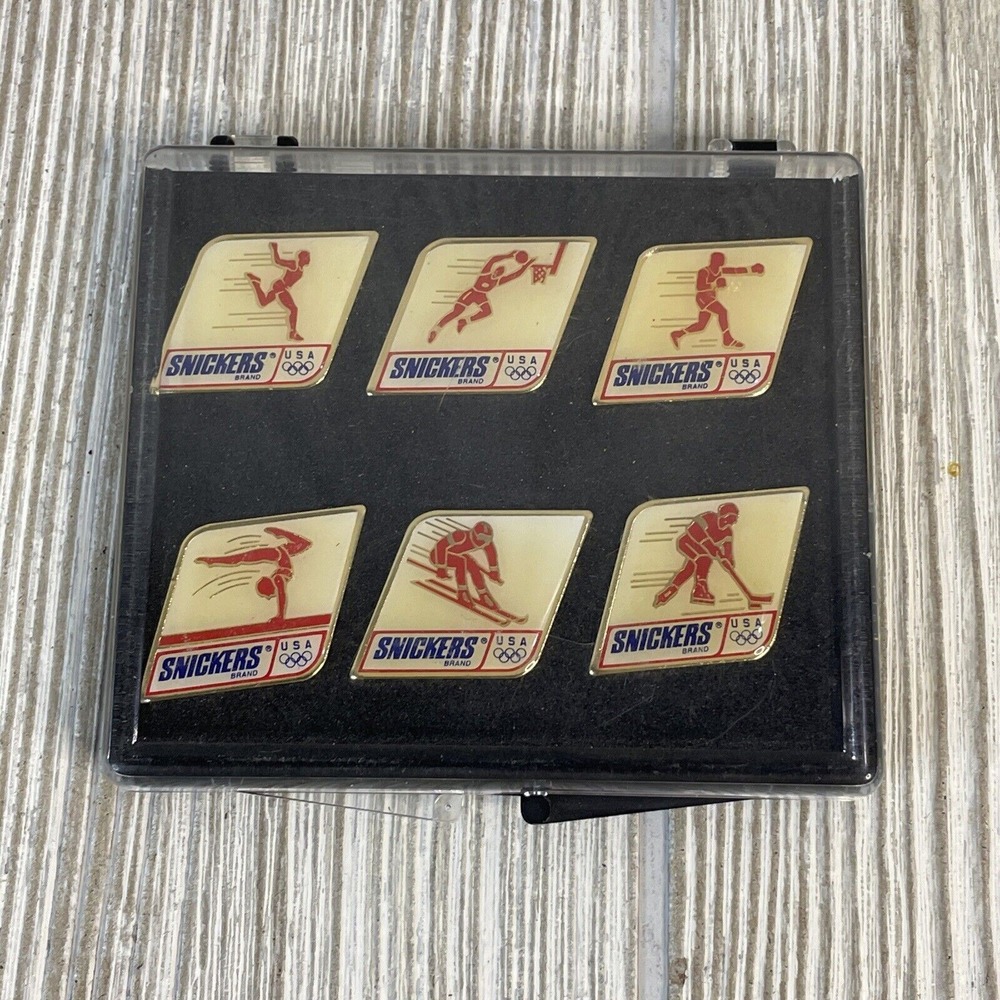 Vintage Snickers USA Olympic Pin Set 6 Pieces Sports Memorabilia with Case